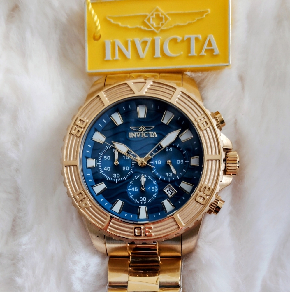 Invicta Pro Diver Mens Gold Watch with Blue Dial